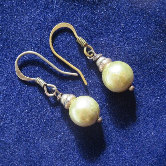 Green faux Pearl Earrings, Dangle, Light Iridescent Olive Green, Vintage, 8mm - Picture 1 of 8